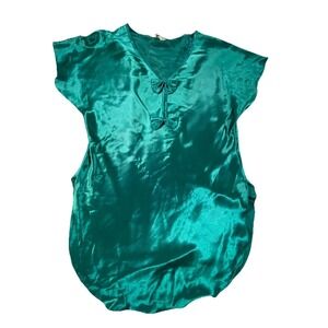 Vintage Dentelle Nightgown Nightie Womens Medium Emerald Green Satin V-Neck Bow